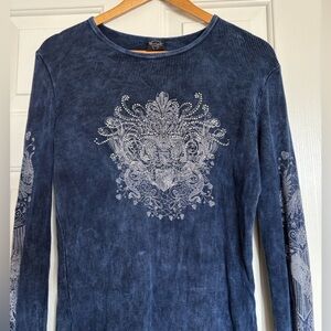 Sledge USA Blue Bedazzled Y2k style Long Sleeve Shirt Sz Large